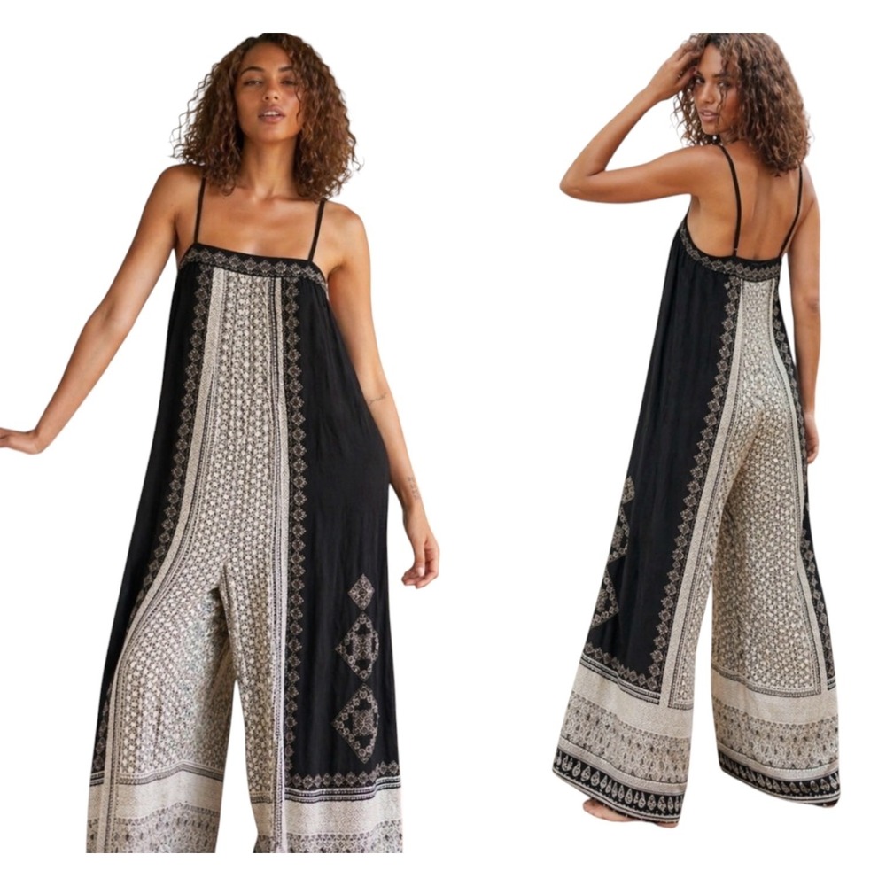 Free People Hazel Mixed‎ Print Jumpsuit L Boho Festival Black White Wide Leg